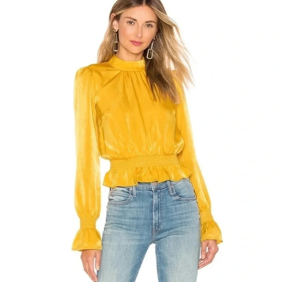 Tularosa Tops - Revolve Tularosa Satin Marigold Yellow High Neck Peplum Long Sleeve Top Medium